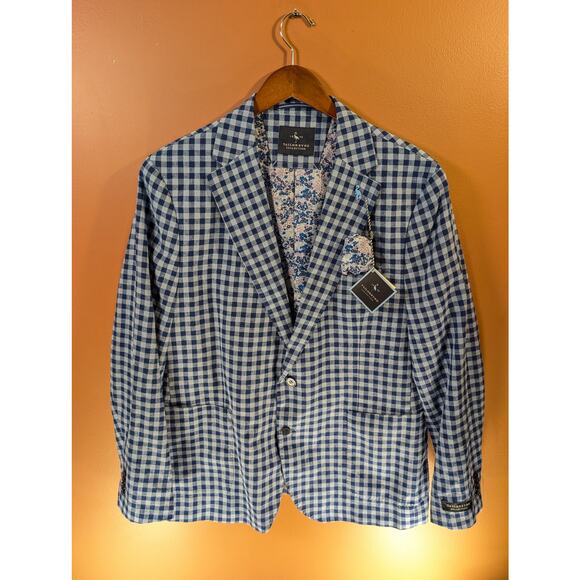 NEW Taylorbyrd 44R Men's Linen / Cotton Yale Blue Checkered Blazer - Picture 2 of 11